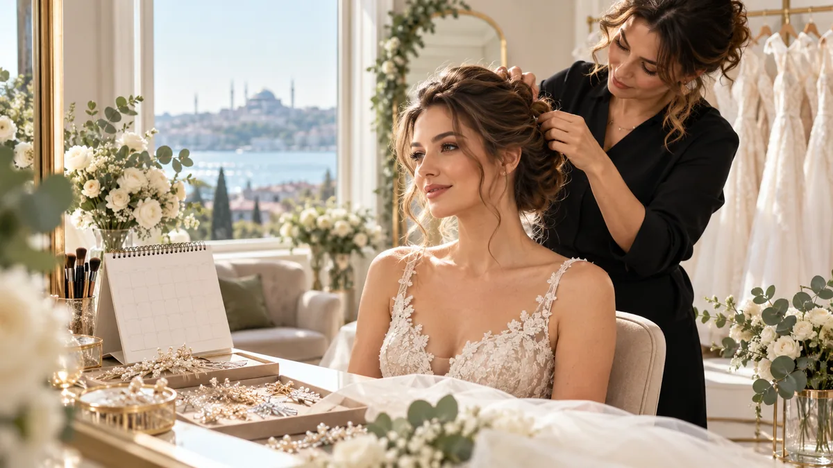 Gelin saçı provasında takvim ve aksesuarlarla topuz planlaması